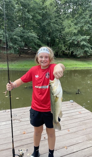 A person holding a fish on a wooden dock with a fishing rod, surrounded by greenery.