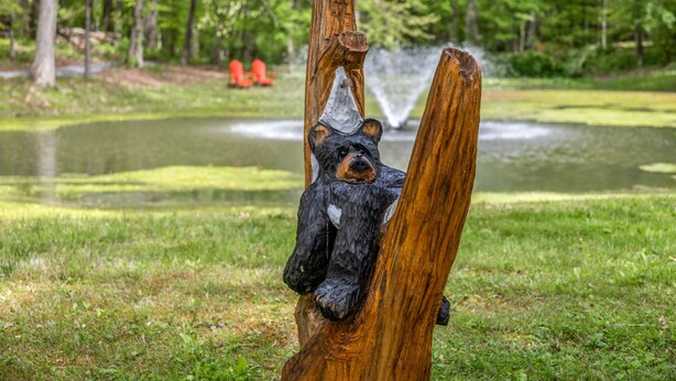 Een houten beerbeeld in een park, met een vijver en bomen op de achtergrond.