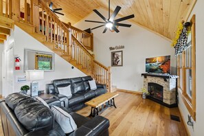 Smart TV, fireplace, video games, DVD player