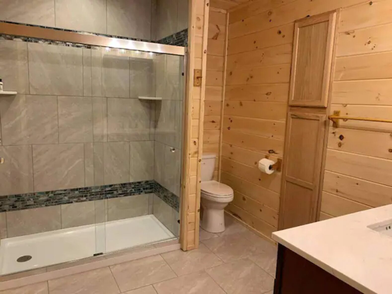 A bathroom with a glass shower enclosure, a toilet, and a wooden wall.