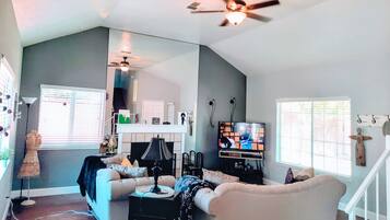 Smart TV, fireplace, offices, printers