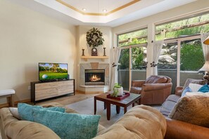 Flat-screen TV, fireplace, DVD player