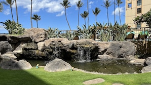 Jardí paisatjístic amb una petita cascada, palmeres i una piscina.