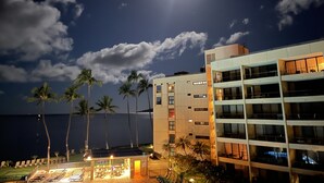 Un hotel a peu de platja amb diverses plantes, palmeres i vistes a l'oceà.