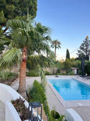 A swimming pool surrounded by palm trees and various plants, with a stone wall and a small garden area.