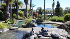 A serene pool area with natural rock formations and a small pond, surrounded by lush greenery and palm trees.
