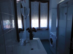 A bathroom with a sink, a mirror, a window with lace curtains, and a washing machine.