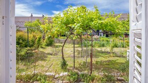 A garden with a vine plant supported by a wire fence, a stone wall, and a clear blue sky. - Apartment Bell (Dubrovnik)