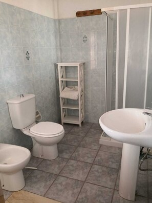 Een douche, een bidet, handdoeken, toiletpapier