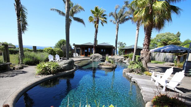 A clear pool with surrounding palm trees and a wooden deck with lounge chairs. - Fantail Brand New Absolute Lakefront Whole House (Rotorua)