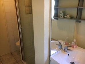 Shower, hair dryer, soap, toilet paper