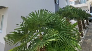 A modern building with a flat facade, large windows, and a stone pathway. - Large 95 m2 apt w. the sea View, Balcony and gar (Podstrana)
