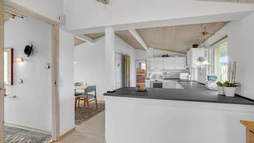 Fridge, stovetop, dishwasher, coffee/tea maker