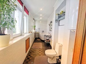 Bañera con ducha, secador de pelo, toallas, papel higiénico