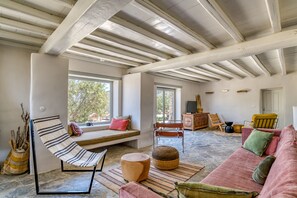 Smart TV, fireplace, books, printers