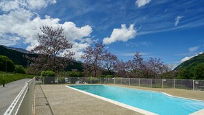 Une piscine rectangulaire bordée d’une terrasse en béton, entourée d’une clôture métallique, le tout se dressant sur un fond de verdure composé d’arbres en fleurs et de montagnes, sous un ciel dégagé.