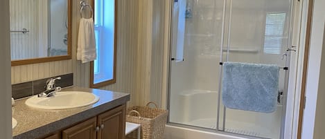 Combined shower/tub, hair dryer, towels, soap