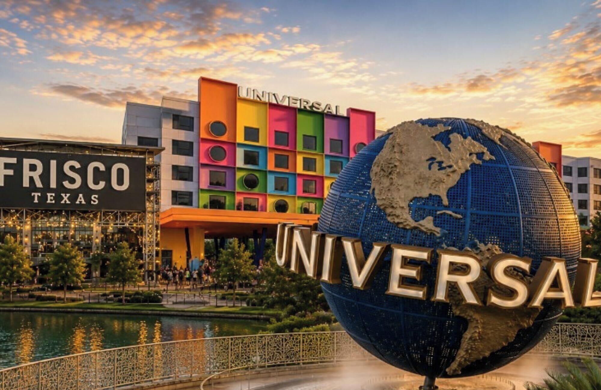 A large globe with 'UNIVERSAL' text, a colorful building with 'FRISCO TEXAS' signage, and a body of water in the foreground.