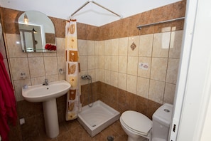Shower, hair dryer, towels, toilet paper