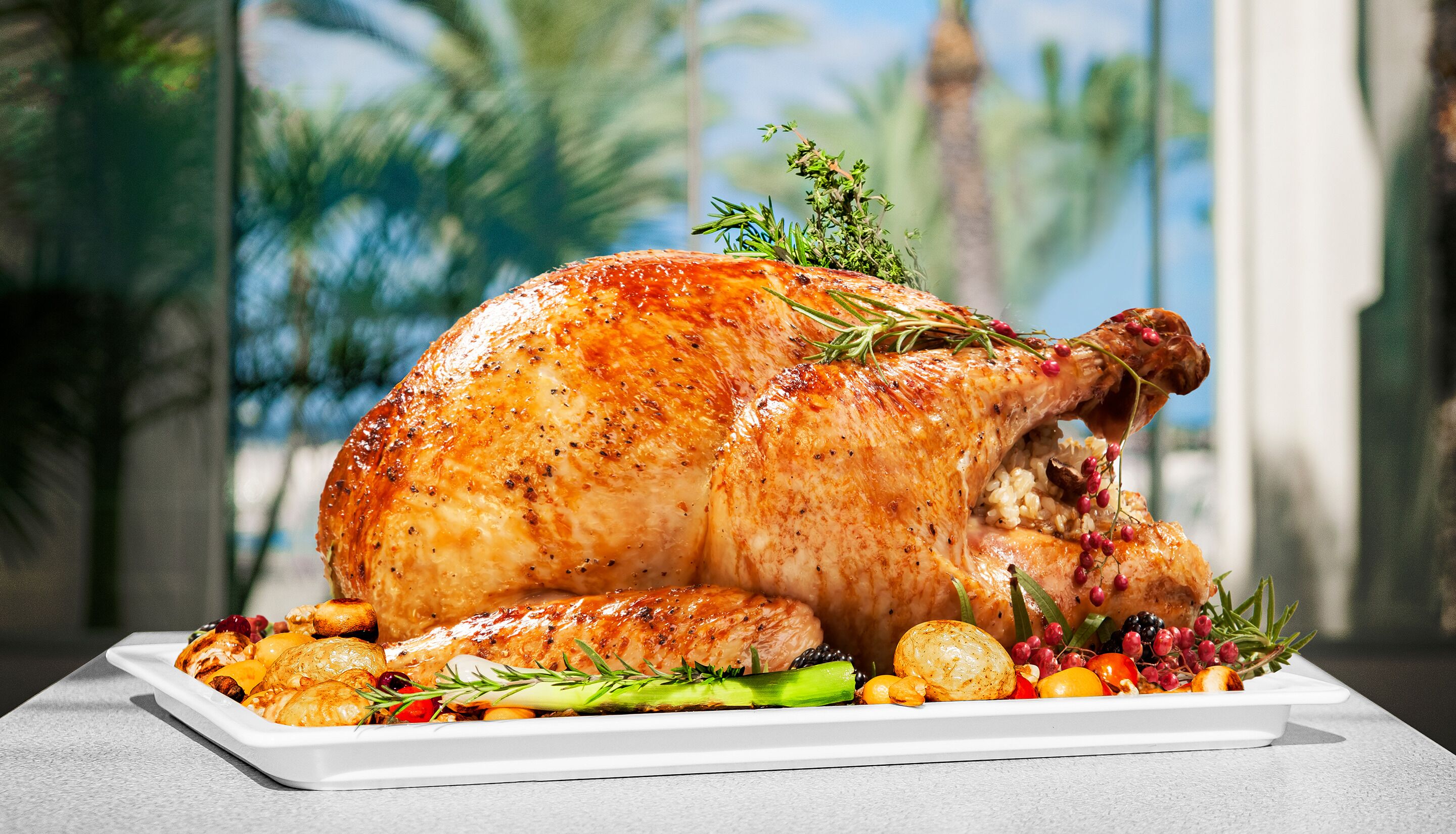 Un pavo asado con verduras y hierbas sobre un plato blanco.