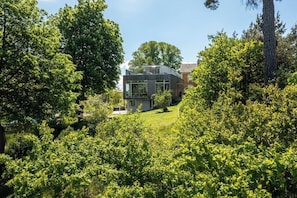 Une maison moderne entourée d’une végétation luxuriante.