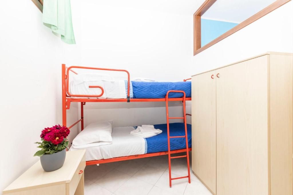 Un lit superposé avec une échelle, une petite table avec un pot de plante et une armoire.