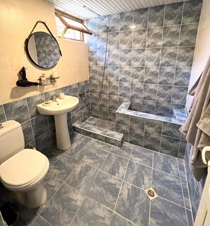 Secadora de cabello, toallas, jabón, papel de baño 