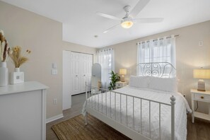 2 bedrooms, memory foam beds, iron/ironing board, travel crib