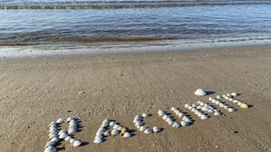 A beach with the word "RACUN" spelled out in seashells. - Just 5 Steps to the Beach · Stylish Whole House · AC · Terrace & BBQ · WIFI (Cunit)