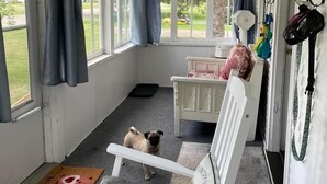 Ein Zimmer mit einem weißen Stuhl, einem kleinen Tisch, einem Teppich und einem Hund.