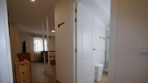 Un couloir avec un meuble en bois, un téléviseur et une plante. Une porte donne accès à une salle de bain équipée d’une douche et de toilettes.