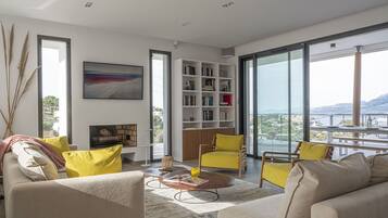 Smart TV, fireplace, books, stereo