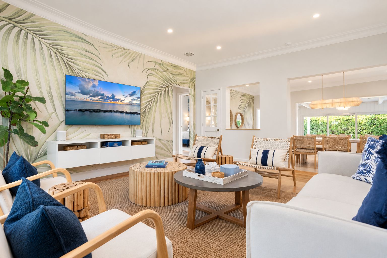 A modern living room with a large flat-screen TV, wicker furniture, and a view of the outdoors.