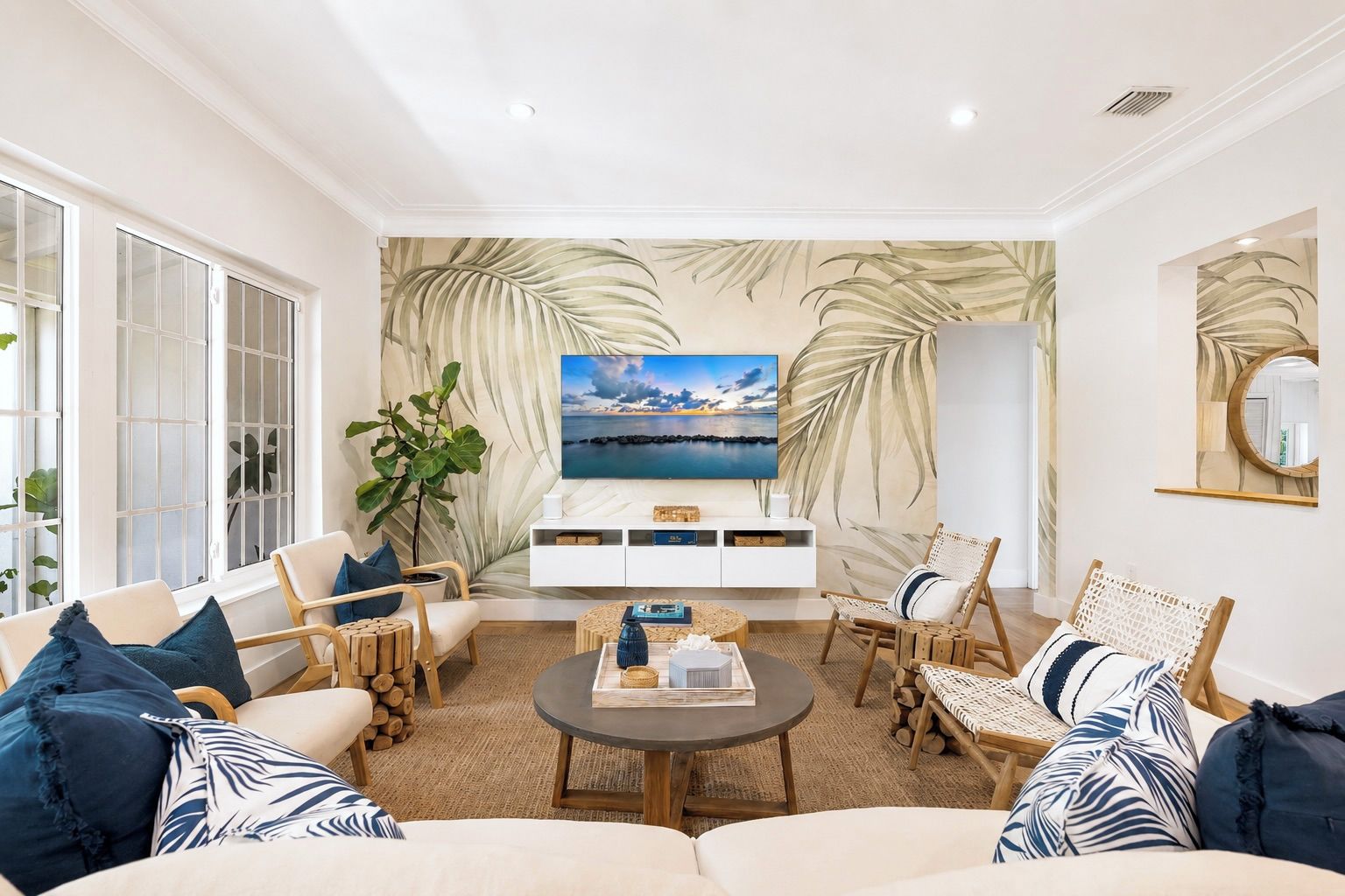 A living room with a large flat-screen TV, a white entertainment unit, and a large plant.