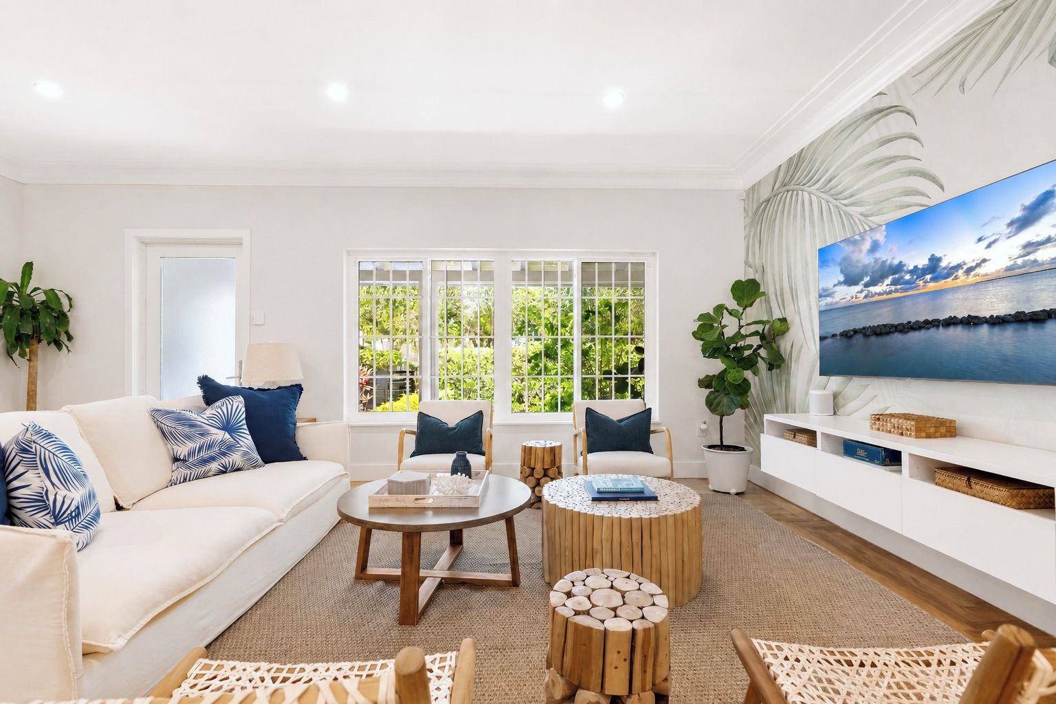 A modern living room with a white sofa, two round wooden coffee tables, a large flat-screen TV, and a view of greenery through the windows.