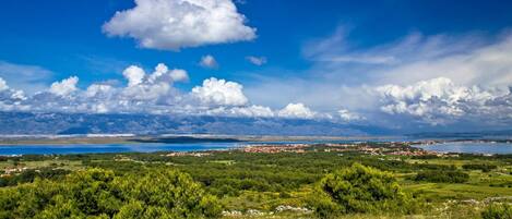 A panoramic view of a coastal landscape with a clear sky, lush greenery, and a distant town by the sea.