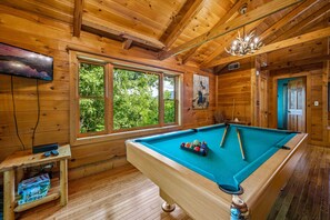 A wooden interior with a pool table, a television, and a window with a view of trees.