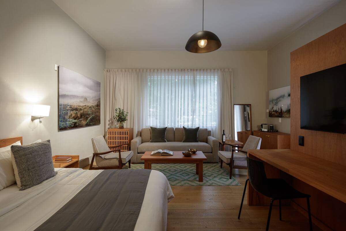 Una habitación de hotel con cama, sofá, escritorio y televisión.