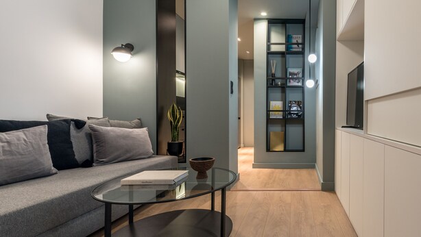 Una sala de estar moderna con un sofá, una mesa de centro de vidrio, una planta en maceta y una estantería.