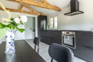 A modern kitchen with dark cabinetry, a built-in oven, and a window with a view. - Landgoed Altenbroek (Voeren)
