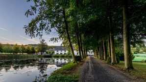 A tree-lined path leading to a white building with a pond in the foreground. - Landgoed Altenbroek (Voeren)