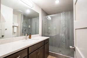 Hair dryer, towels, shampoo