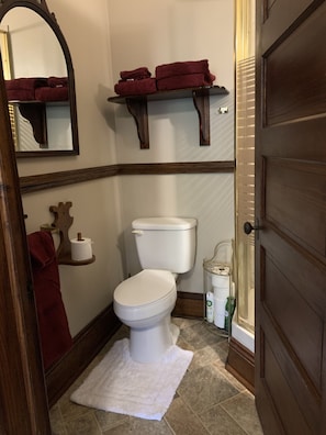 Een bad/douchecombinatie, een haardroger, handdoeken, zeep