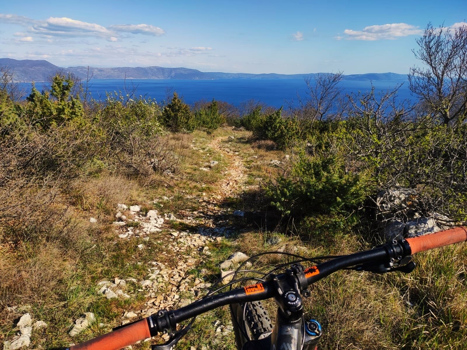 A mountain bike trail with rocky terrain and sparse vegetation.