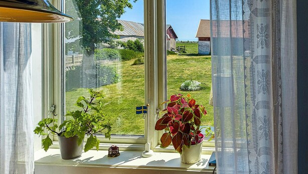 Une fenêtre avec des plantes en pot sur le rebord, une maquette de maison et un drapeau suédois.
