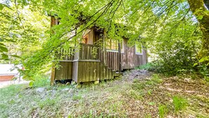 A wooden cabin surrounded by dense foliage, with a gravel path leading to it. - Gorgeous home in Mollaryd with WiFi (Mollaryd)