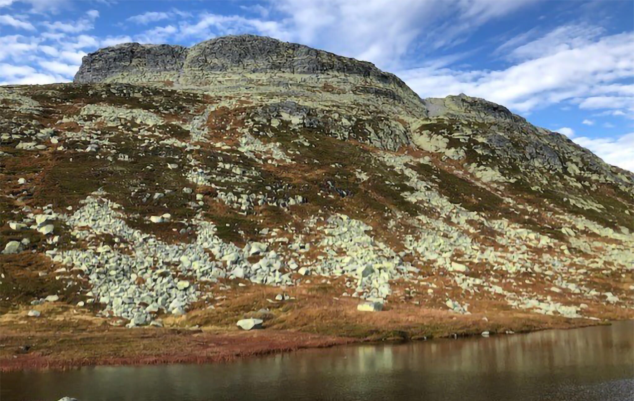 A mountainous landscape with a lake in the foreground and a clear sky above.