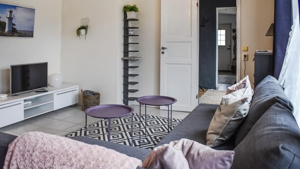 A living room with a grey sofa, a TV, a coffee table, and a bookshelf. - Stunning home in Skillinge with WiFi (Skillinge)