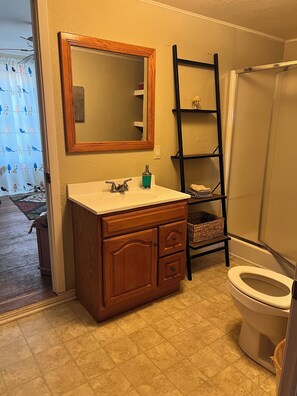 Shower, towels, soap, toilet paper