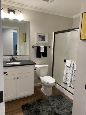 A bathroom with a sink, toilet, and shower. There is a towel rack with towels, a framed picture on the wall, and a mirror above the sink.